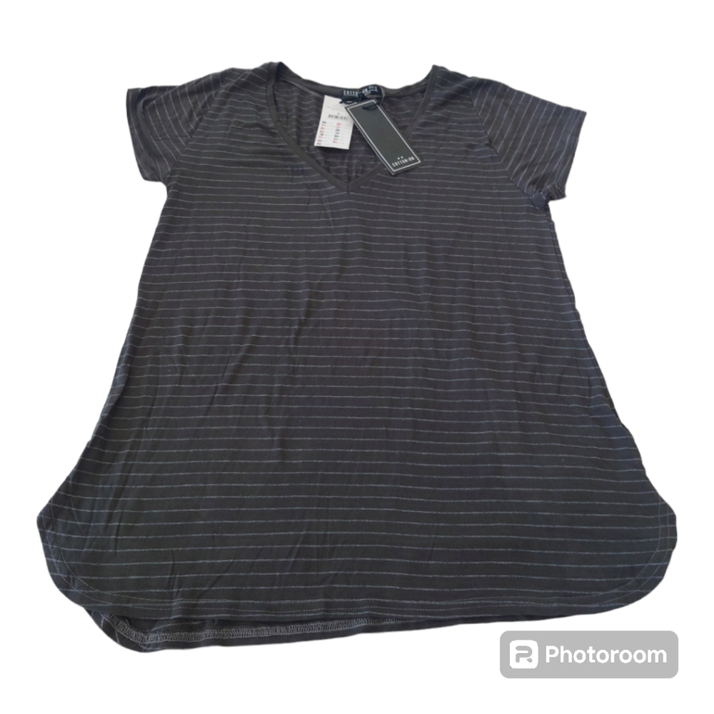 Small Cotton On V Neck Striped Tee Short Sleeve Green Charcoal Super Stretchy